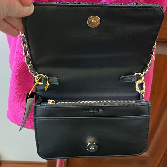 Bebe  Crossbody Clutch Bag  vegan leather, gold tone HW  braided chain added NWT - Picture 7 of 15